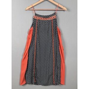 THML Boho Festival Mini Dress M Navy Red Tassel Tie Embroidered Shift